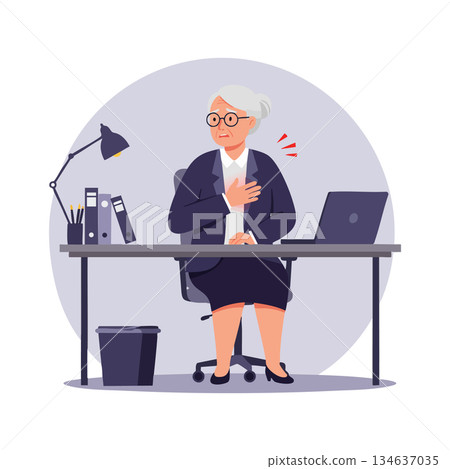 Elderly Woman Experiencing Chest Pain While Sitting at Office Desk Vector Illustration 134637035