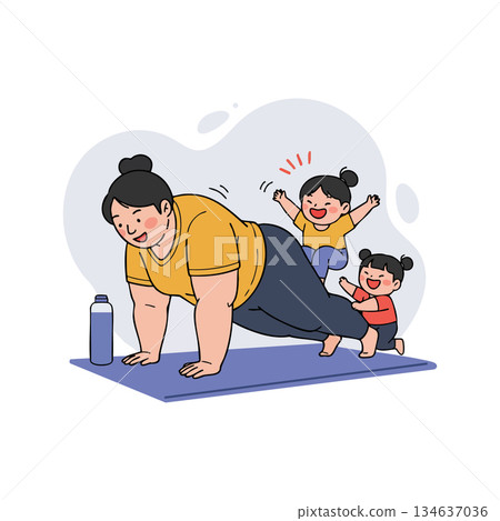 Woman Doing Push-ups with Two Happy Children Playing on Exercise Mat Family Fitness Activity 134637036