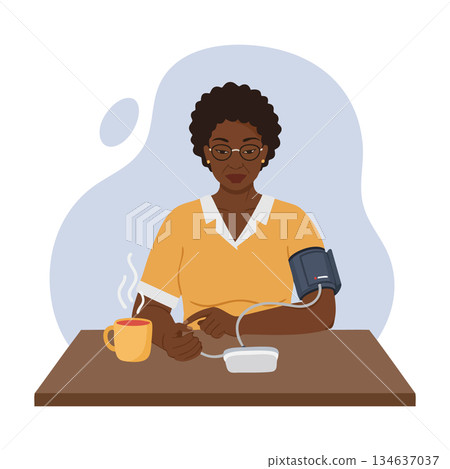Woman Checking Blood Pressure with Monitor Sitting at Table with Hot Drink Vector Illustration 134637037