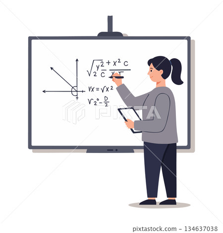 Woman Writing Mathematical Equations on Whiteboard Teaching Geometry and Algebra Concepts Vector Illustration 134637038