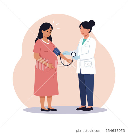 Pregnant woman having blood pressure checked by female doctor in medical consultation vector 134637053