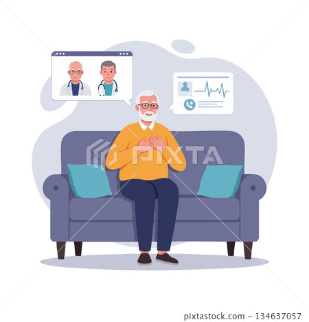 Elderly man remote heart health checkup with doctors online vector illustration 134637057