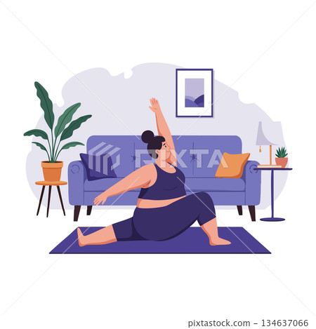 Woman practicing yoga at home in living room with blue couch and green plant vector illustration Woman practicing yoga at home in living room with blue couch and green plant vector illustration 134637066