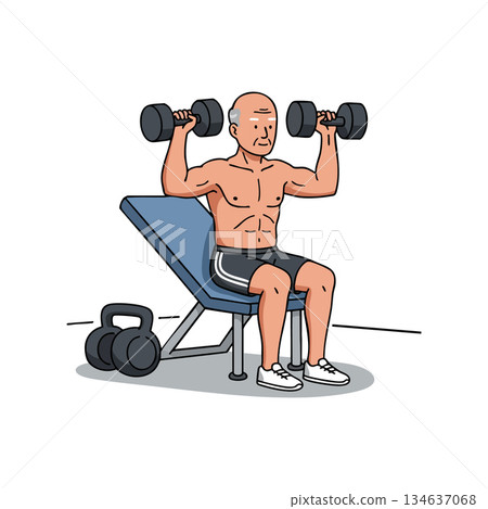 Elderly man lifting dumbbells on workout bench exercising upper body strength 134637068