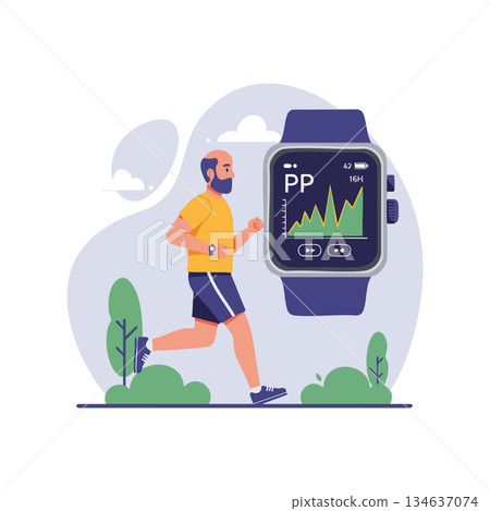 Man Running with Smartwatch Fitness Tracking Heart Rate Vector Illustration 134637074