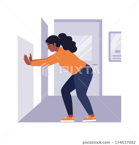 Woman stretching against wall exercise in orange top and navy pants vector illustration Woman stretching against wall exercise in orange top and navy pants vector illustration 134637082