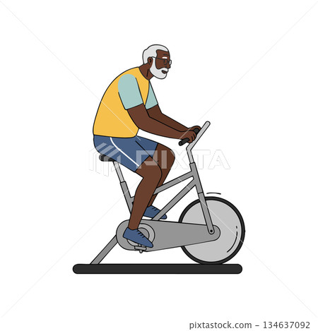 Elderly man exercising on stationary bike indoor fitness activity vector illustration 134637092