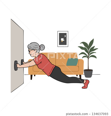Elderly woman doing wall push up exercise in living room with sofa and plant Elderly woman doing wall push up exercise in living room with sofa and plant 134637093