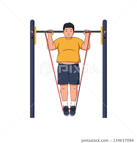 Overweight man exercising pull ups using resistance bands fitness training vector illustration Overweight man exercising pull ups using resistance bands fitness training vector illustration 134637094