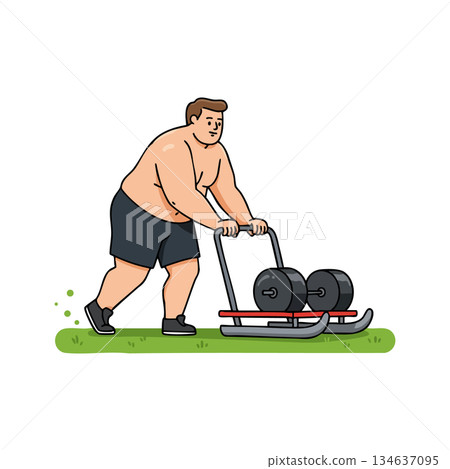 Man Exercising Pushing Weighted Sled for Strength Training and Fitness Workout 134637095