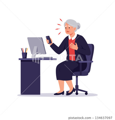 Elderly Woman Experiencing Heart Pain While Using Phone at Office Desk Vector Illustration Elderly Woman Experiencing Heart Pain While Using Phone at Office Desk Vector Illustration 134637097