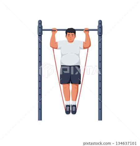 Overweight Man Doing Pull Ups with Resistance Bands Fitness Exercise Vector Illustration Overweight Man Doing Pull Ups with Resistance Bands Fitness Exercise Vector Illustration 134637101