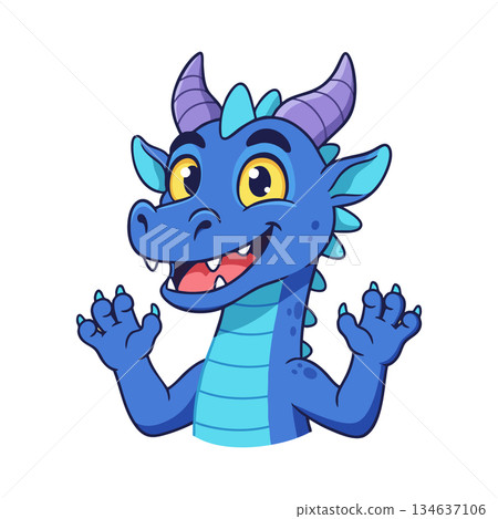 Cute blue dragon character with purple horns waving hands friendly cartoon fantasy creature vector illustration Cute blue dragon character with purple horns waving hands friendly cartoon fantasy creature vector illustration 134637106