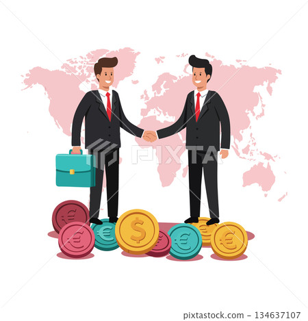 Businessmen shaking hands over international currency coins with world map background for global trade and cooperation concept Businessmen shaking hands over international currency coins with world map background for global trade and cooperation concept 134637107