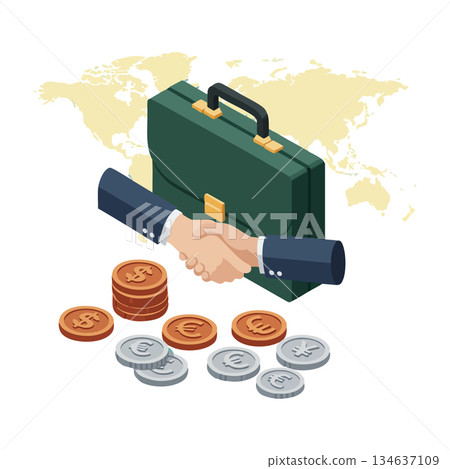 Business handshake with briefcase and international currency coins in modern vector style for global finance and trade concepts Business handshake with briefcase and international currency coins in modern vector style for global finance and trade concepts 134637109