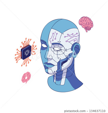 Futuristic robot head with microchip and brains representing artificial intelligence and technology innovation vector illustration Futuristic robot head with microchip and brains representing artificial intelligence and technology innovation vector illustration 134637110