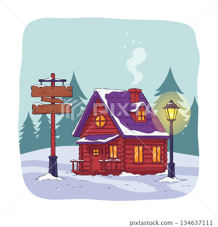 Winter cabin with smoking chimney near wooden signpost and street lamp in snowy forest landscape vector illustration Winter cabin with smoking chimney near wooden signpost and street lamp in snowy forest landscape vector illustration 134637111
