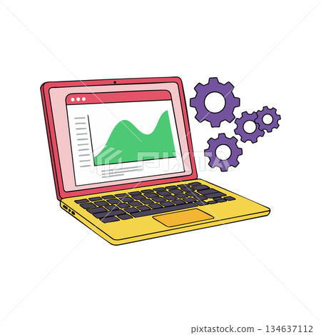 Laptop with graph analysis and purple gears symbolizing data processing and technology concepts vector illustration 134637112