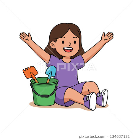 Happy girl sitting with bucket and shovel playing outdoors in purple outfit vector illustration Happy girl sitting with bucket and shovel playing outdoors in purple outfit vector illustration 134637121
