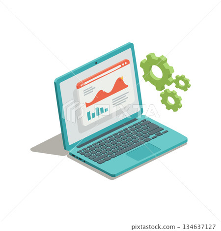Laptop with analytics dashboard and gear icons representing technology and data management vector illustration Laptop with analytics dashboard and gear icons representing technology and data management vector illustration 134637127