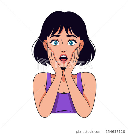 Young woman with short black hair expressing shock and surprise in purple top vector illustration Young woman with short black hair expressing shock and surprise in purple top vector illustration 134637128