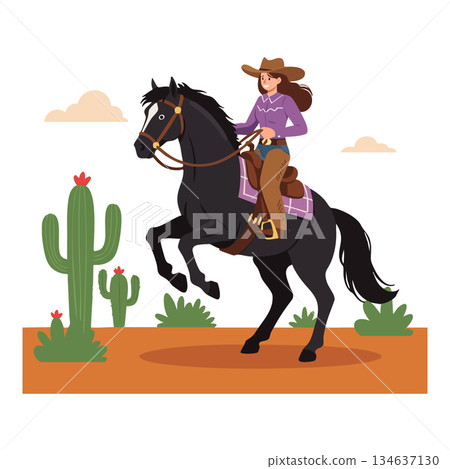 Cowgirl riding galloping black horse in desert with cacti and clouds vector illustration Cowgirl riding galloping black horse in desert with cacti and clouds vector illustration 134637130