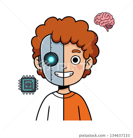 Cyborg boy with red curly hair showing half human half robot face smiling cheerful vector illustration Cyborg boy with red curly hair showing half human half robot face smiling cheerful vector illustration 134637133