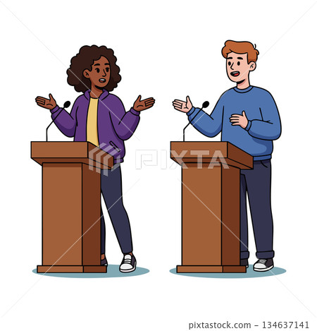 Two young people debating at podiums in casual clothing during public discussion or speech event Two young people debating at podiums in casual clothing during public discussion or speech event 134637141