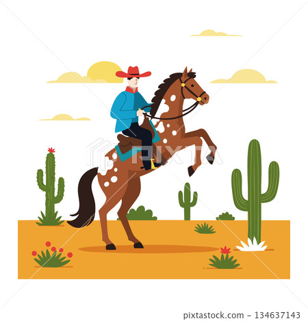 Cowboy riding rearing horse in desert landscape with cacti and sunset background vector illustration 134637143