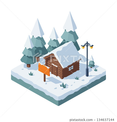 Winter cabin with snow-covered roof and pine trees in snowy landscape vector illustration 134637144