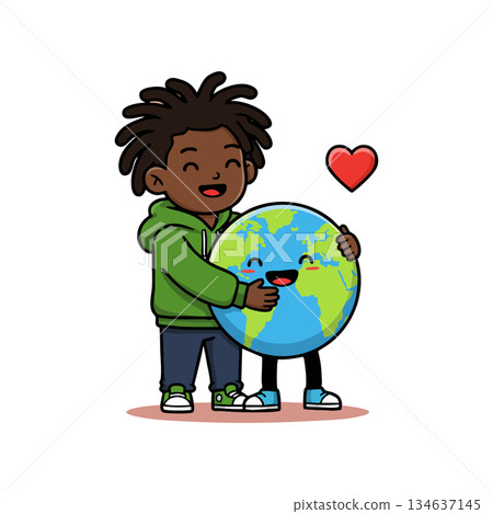Child hugging happy Earth globe with heart symbol showing love and care for environment and planet vector illustration 134637145