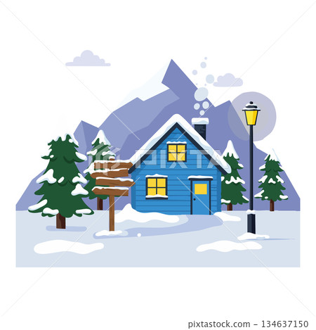 Winter cabin with snow-covered pine trees and mountain background under cloudy sky vector illustration 134637150