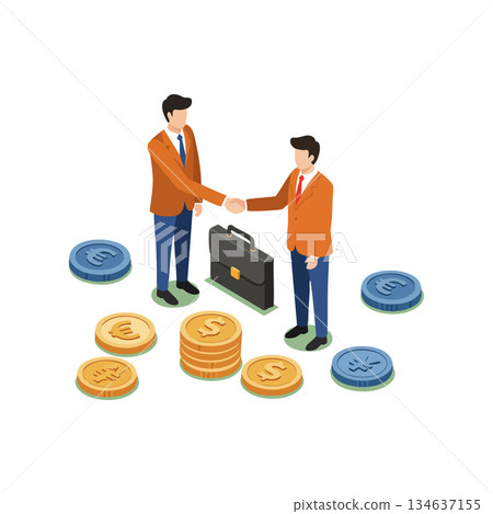 Businessmen shaking hands surrounded by currency coins and briefcase in financial agreement vector illustration Businessmen shaking hands surrounded by currency coins and briefcase in financial agreement vector illustration 134637155