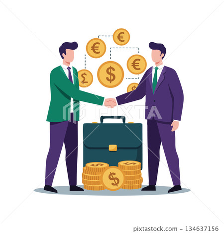 Business partners shaking hands with international currency symbols and briefcase financial agreement vector illustration Business partners shaking hands with international currency symbols and briefcase financial agreement vector illustration 134637156