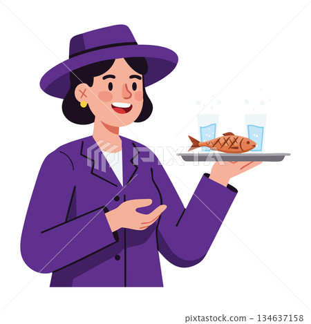 Woman in purple outfit holding tray with cooked fish and two glasses smiling happy vector illustration Woman in purple outfit holding tray with cooked fish and two glasses smiling happy vector illustration 134637158