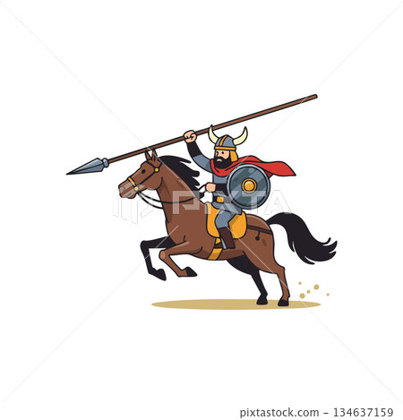 Viking warrior riding horse with spear and shield in battle-ready pose vector illustration 134637159