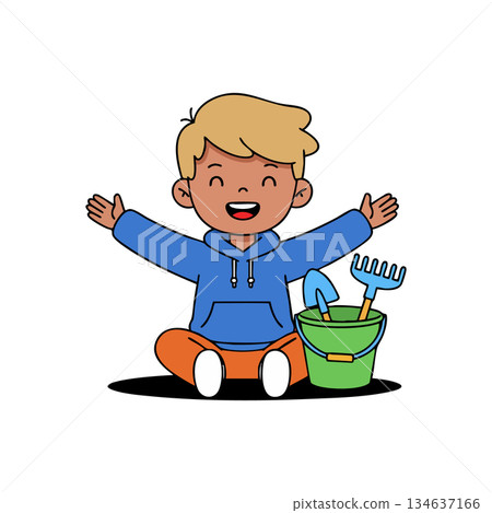Happy little boy sitting with gardening tools bucket and smiling in blue hoodie and orange pants vector illustration Happy little boy sitting with gardening tools bucket and smiling in blue hoodie and orange pants vector illustration 134637166