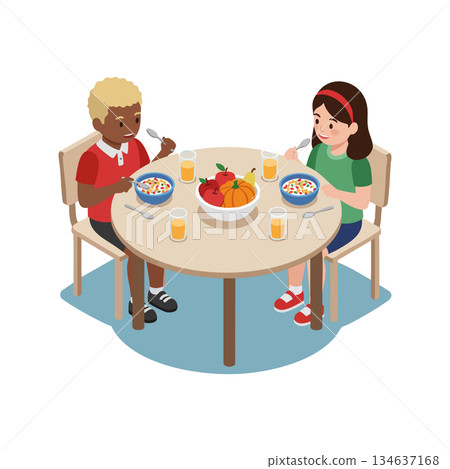 Children eating breakfast cereal together at round table with fruit bowl and orange juice vector illustration 134637168