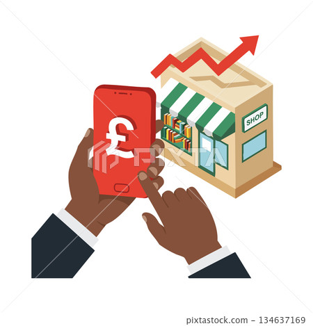 Mobile phone showing pound currency symbol with rising chart and small shop building ecommerce business concept Mobile phone showing pound currency symbol with rising chart and small shop building ecommerce business concept 134637169