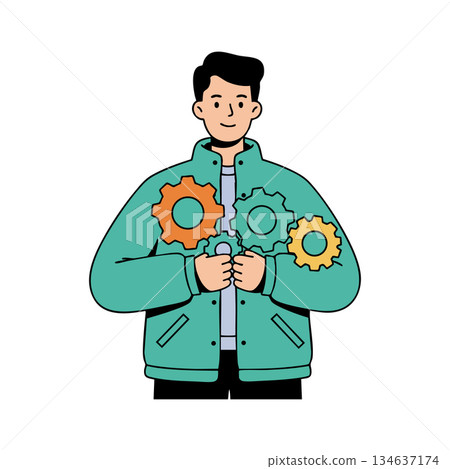 Young man holding colorful gears symbolizing teamwork and engineering concepts in casual outfit vector illustration Young man holding colorful gears symbolizing teamwork and engineering concepts in casual outfit vector illustration 134637174