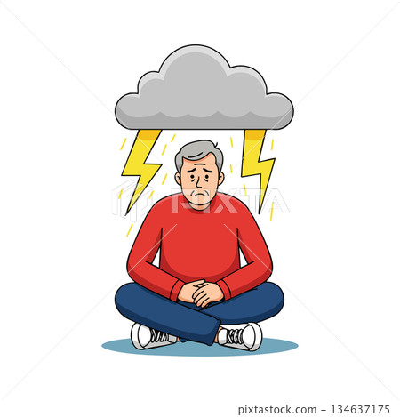 Sad man sitting under gray storm cloud with yellow lightning bolts and rain vector illustration of depression and anxiety 134637175