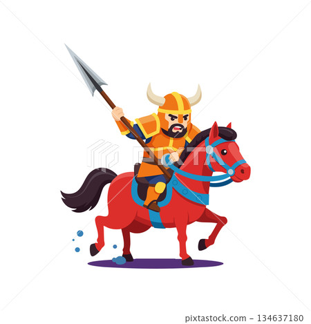 Viking warrior riding red horse with spear wearing orange armor and horned helmet vector illustration Viking warrior riding red horse with spear wearing orange armor and horned helmet vector illustration 134637180