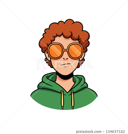 Young person with curly hair wearing oversized orange sunglasses and green hoodie vector portrait illustration 134637182