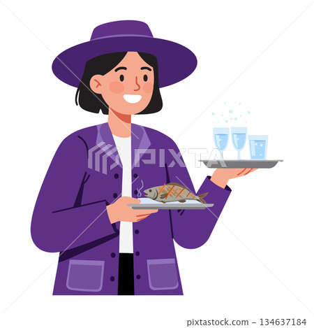 Woman in purple jacket and hat serving fish and drinks with tray smiling vector illustration Woman in purple jacket and hat serving fish and drinks with tray smiling vector illustration 134637184