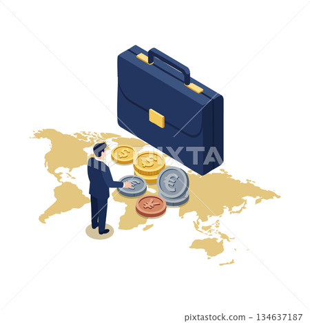 Businessman standing near global currency coins with large briefcase on world map background vector illustration 134637187