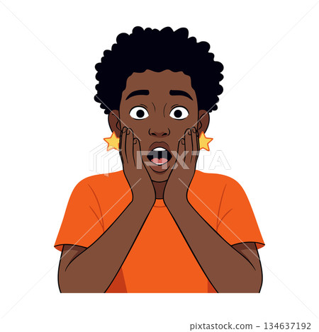 Surprised young person with afro hairstyle wearing orange shirt and star earrings expressing shock and amazement in vector art Surprised young person with afro hairstyle wearing orange shirt and star earrings expressing shock and amazement in vector art 134637192