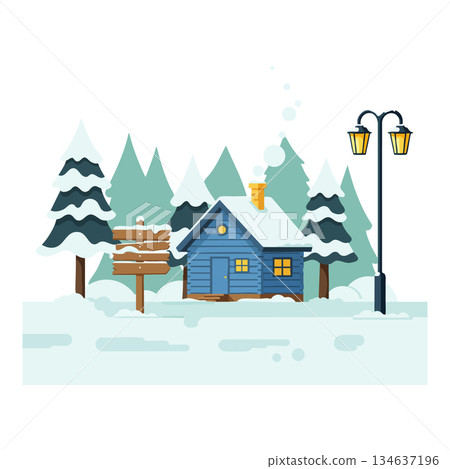 Winter cabin surrounded by snow-covered pine trees and wooden signpost with street lamp in snowy landscape vector illustration Winter cabin surrounded by snow-covered pine trees and wooden signpost with street lamp in snowy landscape vector illustration 134637196