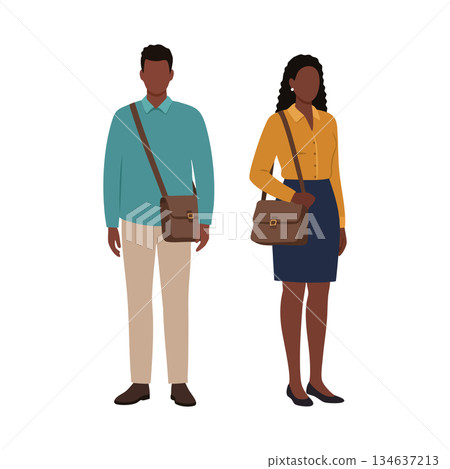 Two business people standing with shoulder bags in professional attire vector illustration Two business people standing with shoulder bags in professional attire vector illustration 134637213