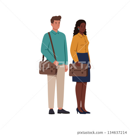 Young professional man and woman standing with briefcases in smart casual office attire vector illustration Young professional man and woman standing with briefcases in smart casual office attire vector illustration 134637214