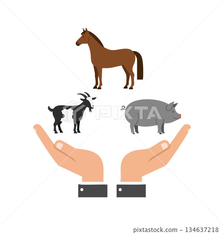 Farm animals protection hands holding horse goat and pig care and safety concept vector illustration 134637218